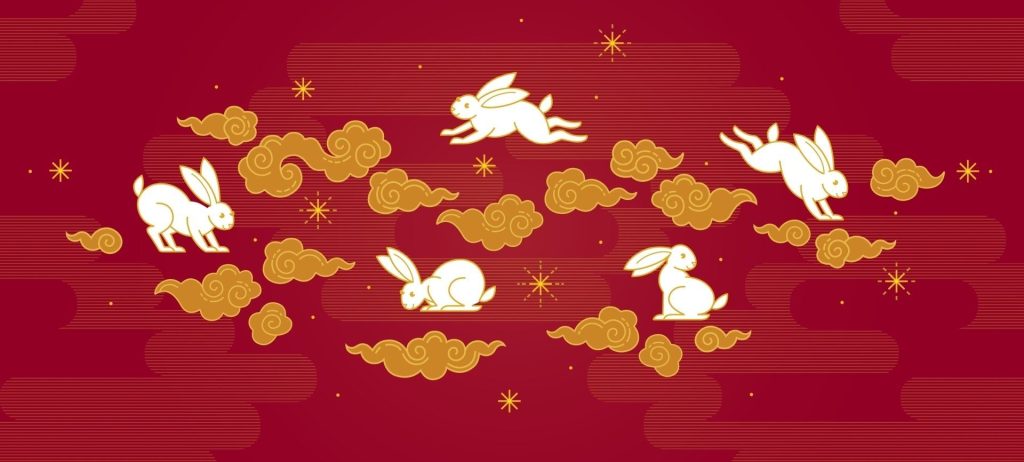 Stylised White Rabbits against a red background and golden moon with the year digits 2023